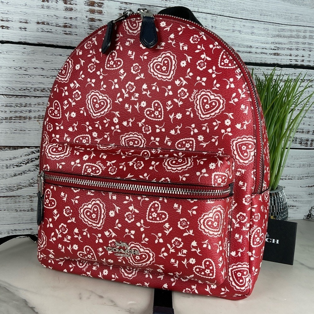 Coach Charlie Red White Lace Hearts‎ Floral Pattern Backpack Bag Work School - Picture 8 of 13